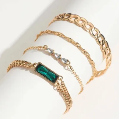 Green Stone Multilayer Vintage Bracelet Set (4 pcs)